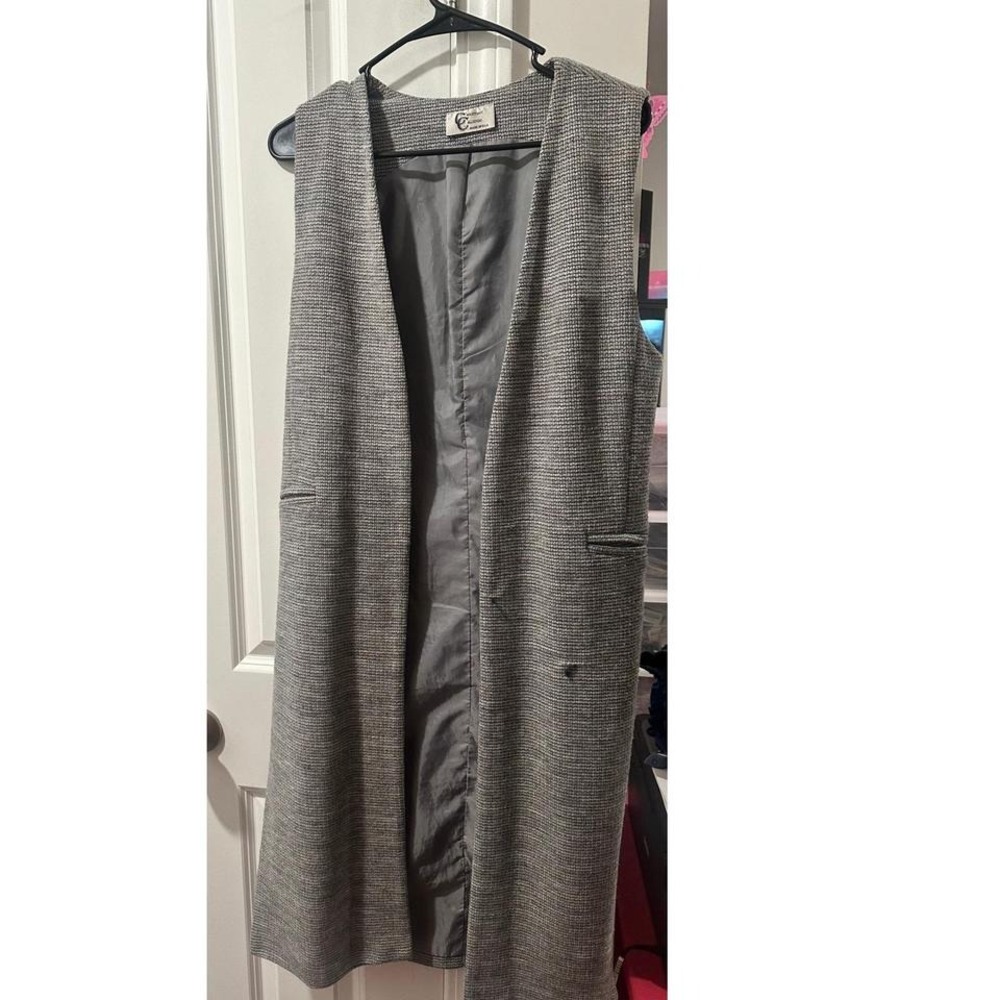Longline Vest Sleeveless Duster Jacket Gray Career Belted Pockets